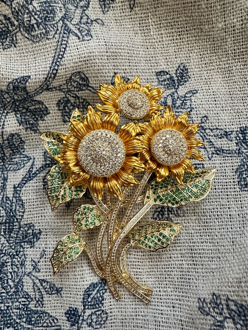 Gold Plated Sunflower CZ Brooch Pin Elegant Floral Statement